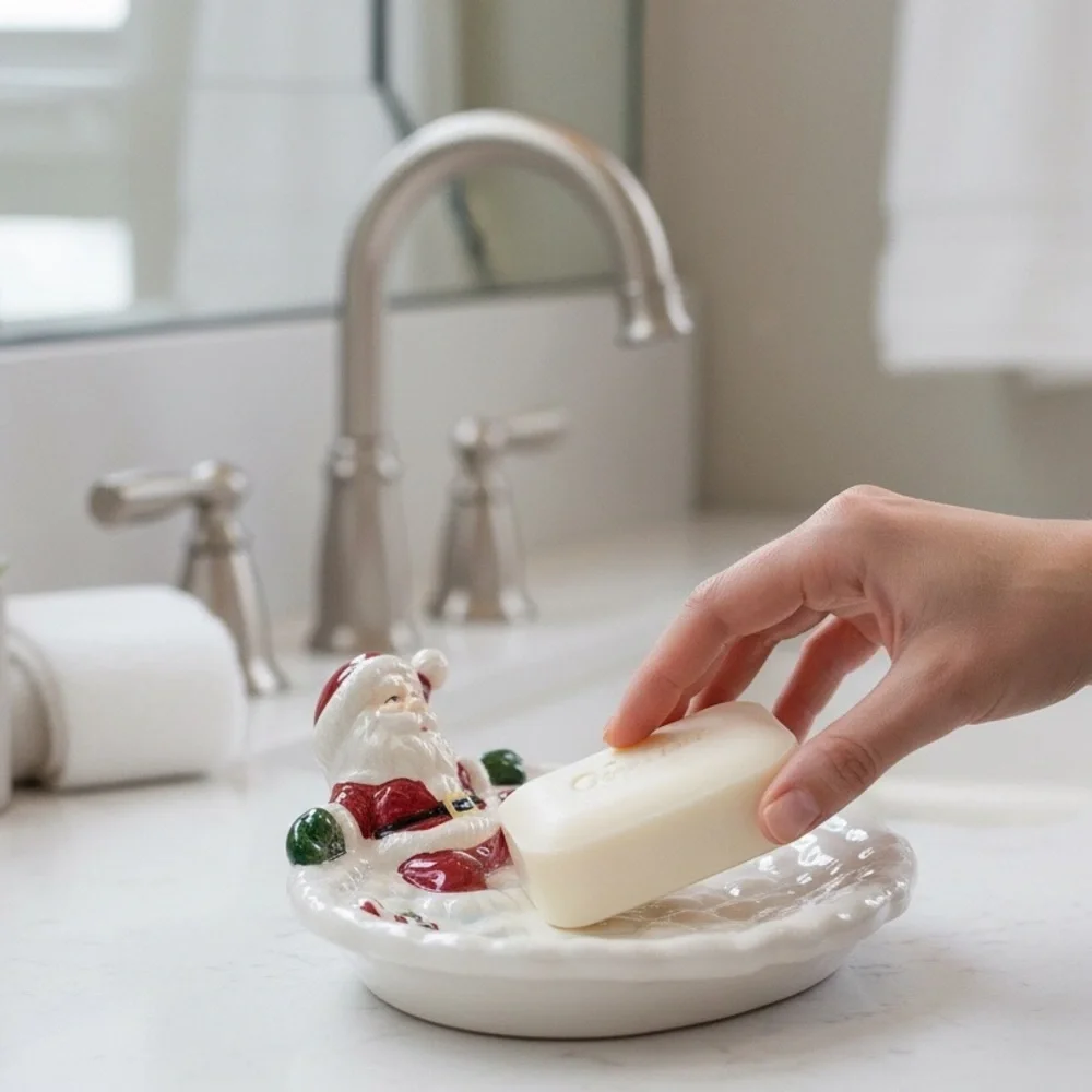 Santa on Snow Soap Dish/Candy Tray Christmas White/Red/Black Porcelain EUC